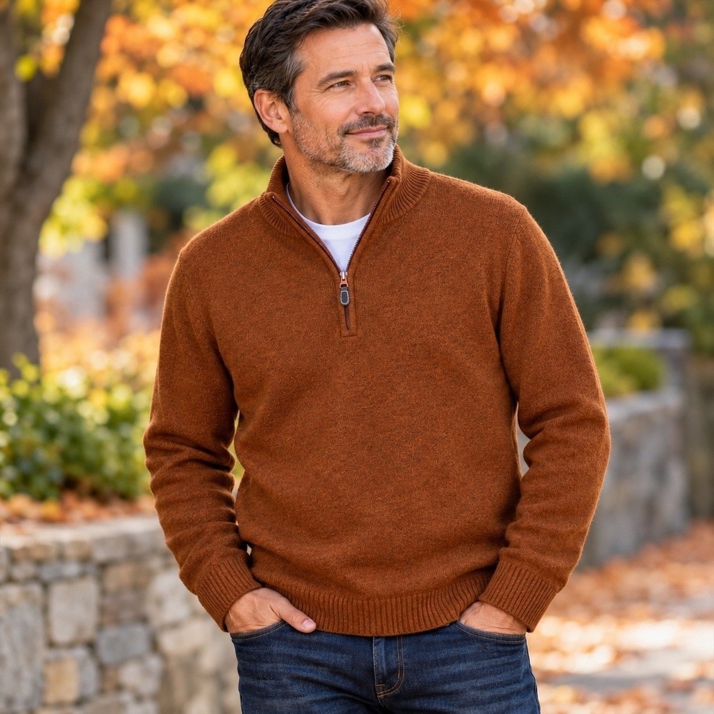 Jos. A. Bank Quarter Zip Sweater Large Orange Brown Wool Lambswool Quiet Luxury